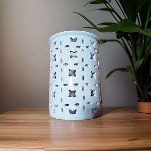 World Market White Ceramic Cutout Hurricane Candle Holder